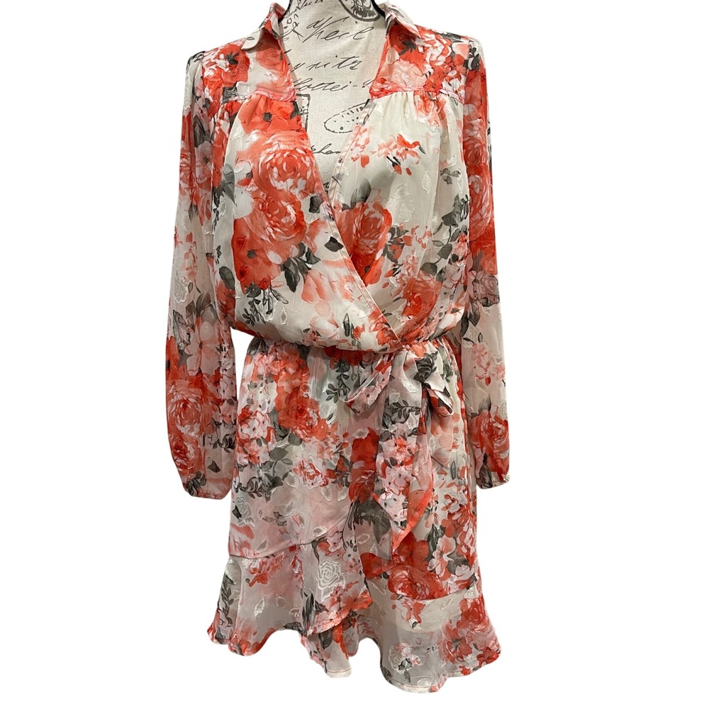 VICI Floral Wrap Mini Dress Womens S Orange Cream Long‎ Sleeve Ruffle Romantic